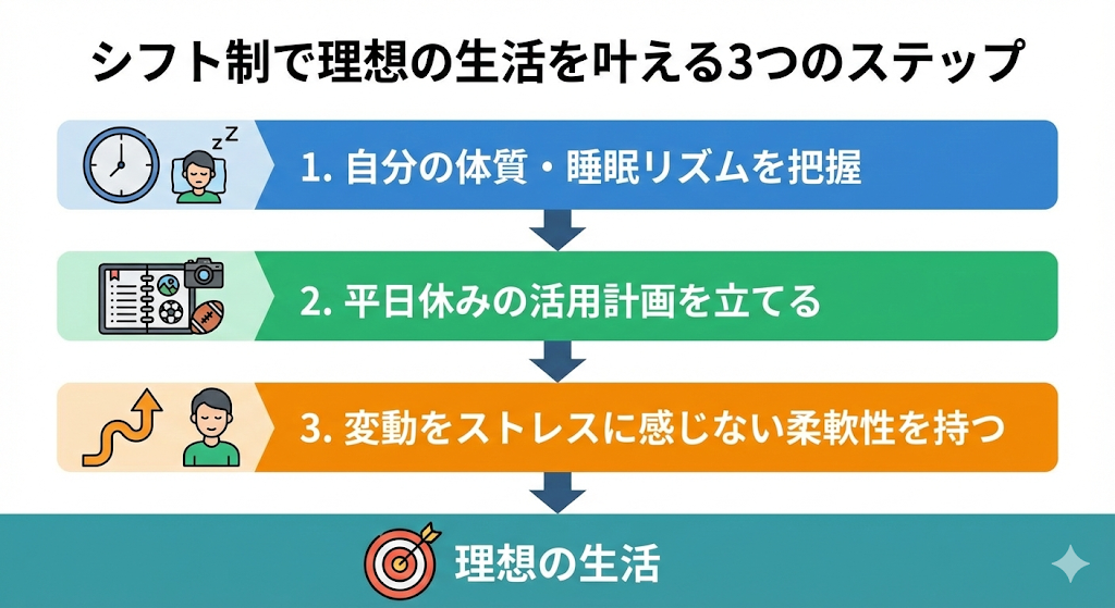 ◆シフト制で理想の生活を叶える3つのステップの概要図