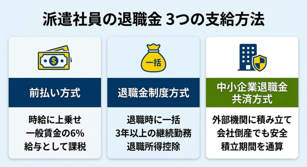 ◆派遣社員の退職金がもらえる3つの支給方法の概要図